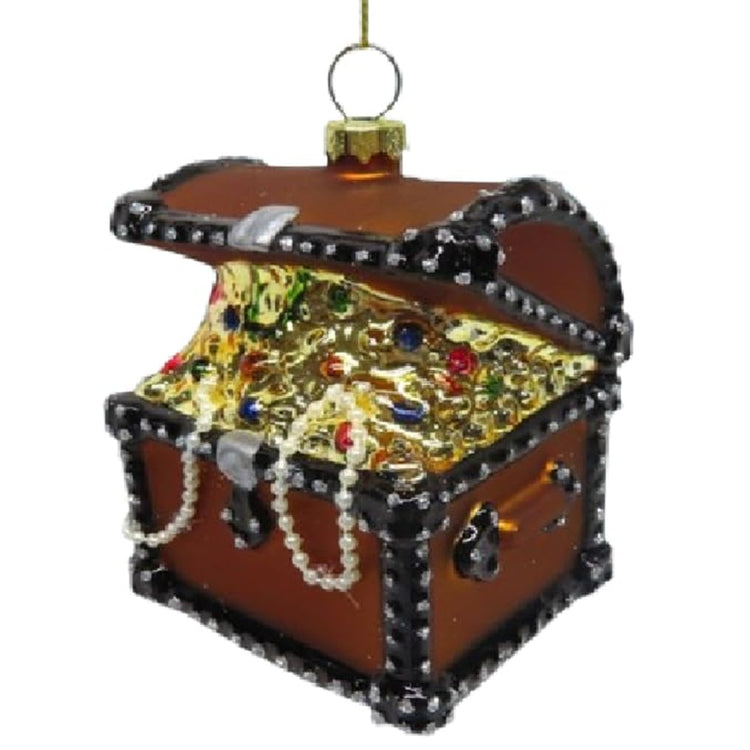 December Diamonds 79-79509 blown glass treasure chest Christmas ornament with gold details and glitter accents