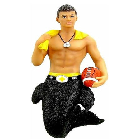resin merman ornament, his tail is glittered black, he has a yellow jersey around his shoulders and is holding a football.