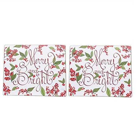 2 duplicate rectangle shaped placemats. White background with green leave and holly pattern and words Merry & Bright in red script.