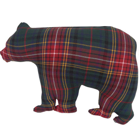 Plaid bear shaped pillow with red green tartan pattern, 20 inch cabin lodge decor