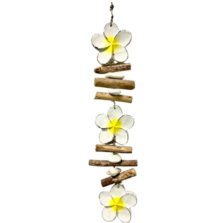 mobile or drop with white wood plumeria flowers and driftwood sticks and white stones in between