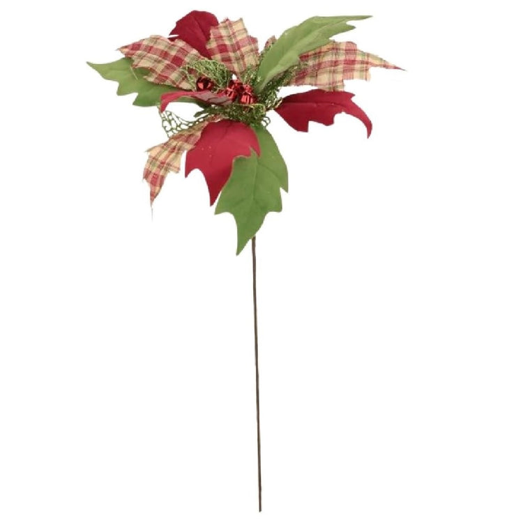 Pick style Christmas ornament with a green, red and plaid poinsettia at the top.