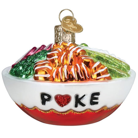 blown glass ornament depicting a red and white bowl full of Poke.