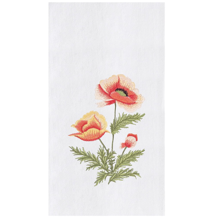 White flour sack towel with embroidered pink poppy flowers