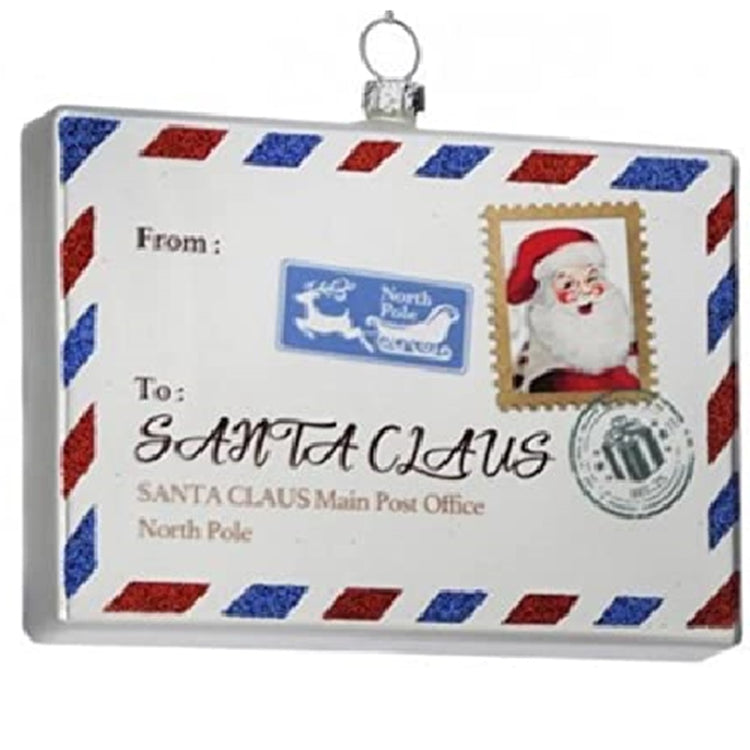 Ornament addressed to Santa Claus at the North Pole post office. Red and blue accents