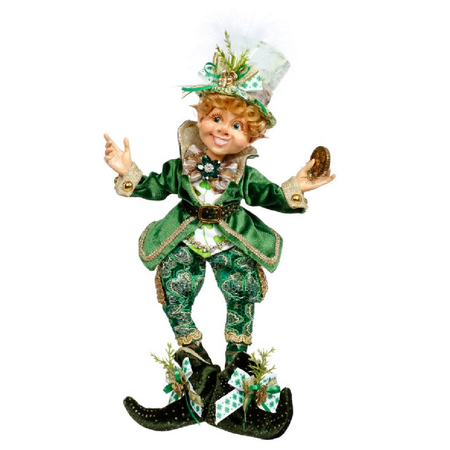 Elfin figurine wearing green and gold suit with gold clover accents and holding a gold coin.