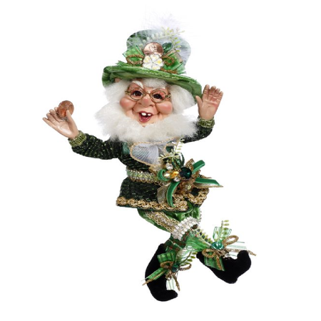 bearded elf dressed in shades of green, holding a penny.