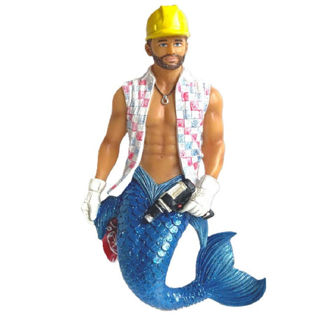December Diamonds Power Tools Merman ornament 7-inch blue tail yellow hard hat bandana power tool collectible