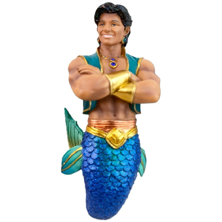 December Diamonds Prince Merman ornament with teal tail green vest and gold accents hanging decoration