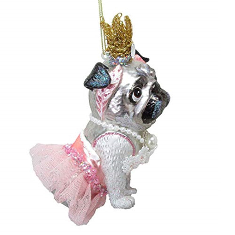 hanging ornament shaped like a pug dog wearing a pink tutu and a gold crown