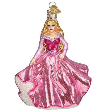 blown glass hanging ornament made to look like a princess with long blonde hair and a pink longsleeved dress.