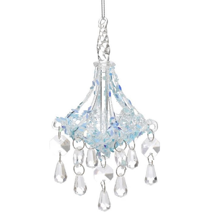 glass ornament that looks like a chandelier, with crystal drops and blue glitter accents