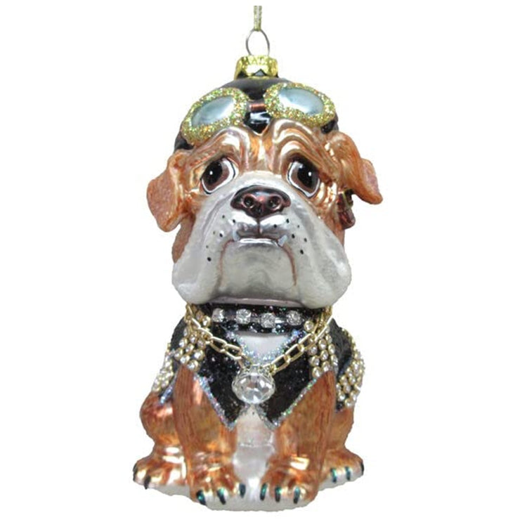 December Diamonds 79-81751 blown glass pug in pilot uniform Christmas ornament