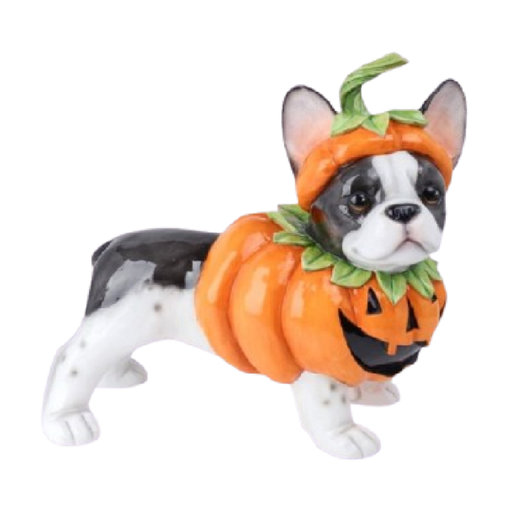 Resin bulldog figurine wearing pumpkin costume