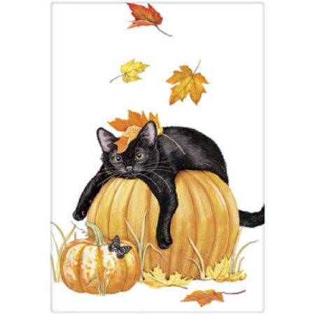 white flour sack towel with image of a black kitten laying on a pumpkin with fall leaves around.