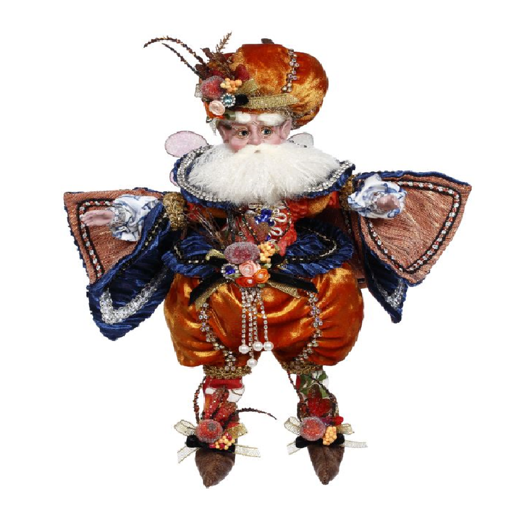 bearded fairy wearing blue velvet coat, orange velvet pumpkin shaped pants and matching hat.