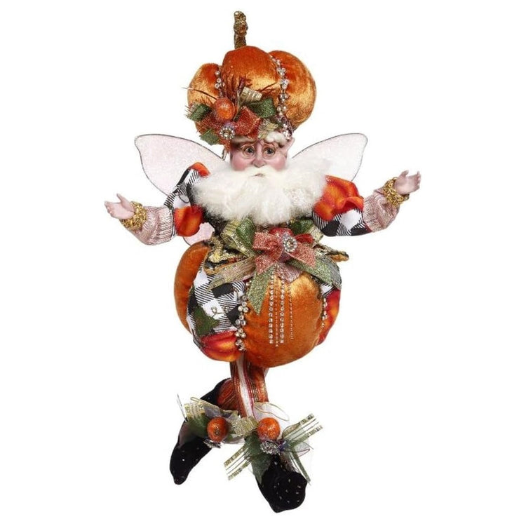 bearded fairy wearing a pumpkin shaped hat, and an orange, black and white checked pumpkin suit.