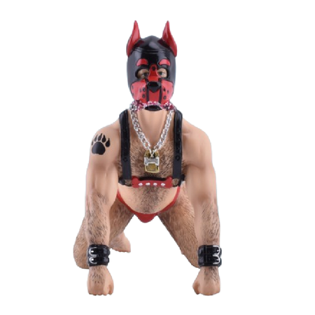 Hairy man on his hands and knees, wearing black and red harness and pup mask.