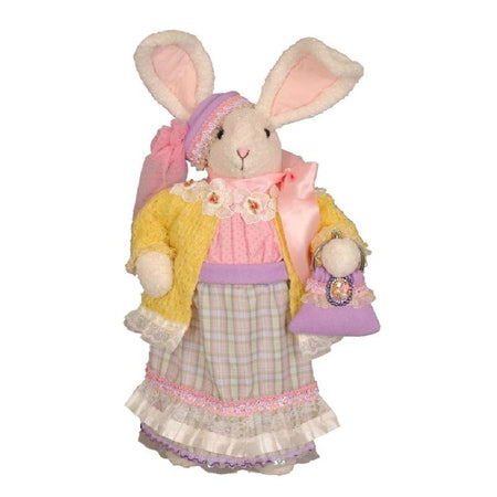 girl bunny rabbit figurine, wearing pink and purple dress, yellow sweater and purple purse.