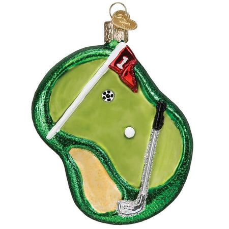 blown glass ornament depicting a putting green, with a golf club