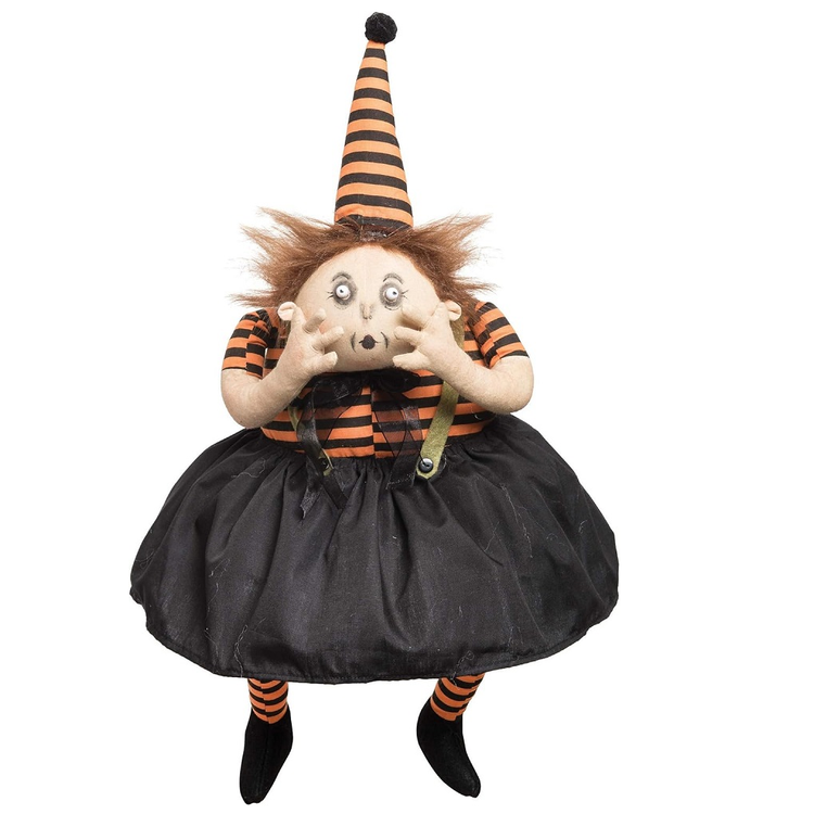Halloween-themed figurine with striped hat and black skirt on a white background