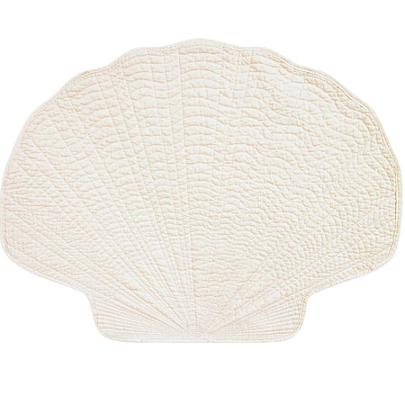 Quilted placemat in white, shaped like a scallop shell.