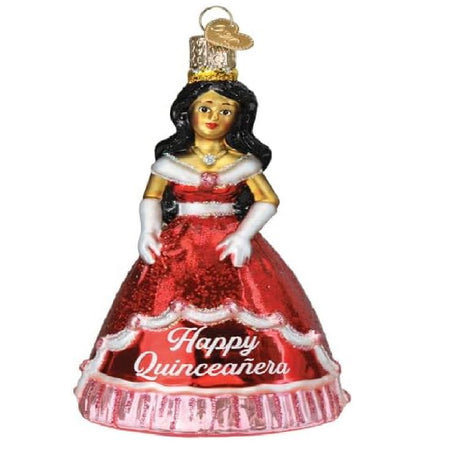 blown glass hanging ornament depicting a dark haired girl in red ball gown, the skirt says "Happy Quinceanera"