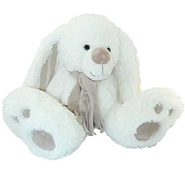 White plush bunny rabbit sitting with brown nose, foot  pads, inner ears and scarf.