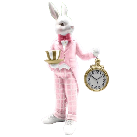 Resin white rabbit figurine wearing pink suit, holding a gold teacup and a gold clock in the other hand.