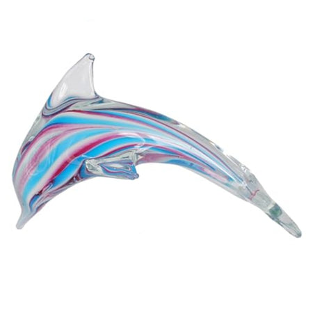 glass dolphin side view. Clear glass with pinks green and blue stripes.