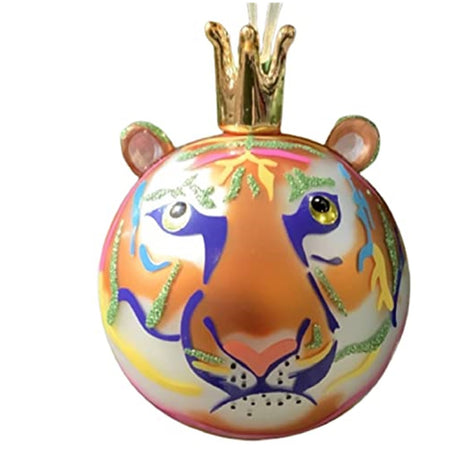 round ball ornament painted s an orange tiger with rainbow accents. Tiger ears and gold crown attached to the ball.