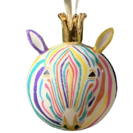 Round ball ornament painted in rainbow colors to look like a zebra. Ears and gold crown added to ball.