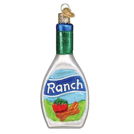 Blown glass bottle of ranch dressing ornament.