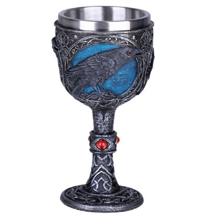 Silver and grey goblet with celtic inspired designs and a raven.