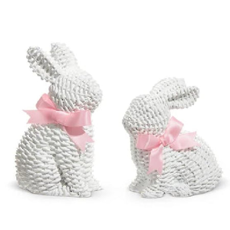 Set of two white woven bunny figurines with basket weave texture and ribbon bows, 5.25 inch Easter spring tabletop decor for shelves, trays, and mantels.