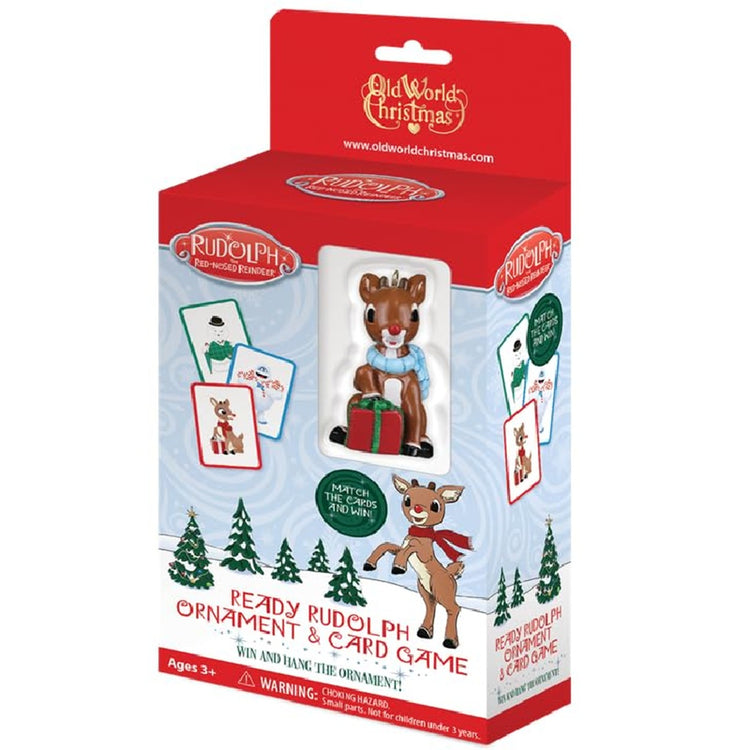Boxed Rudolph Ornament showing the card game