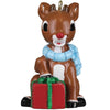 Rudolph ornament with a gift.  He wears a blue scarf