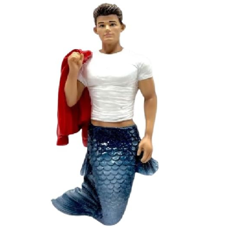 Merman-themed  figure with a red jacket over his shoulder and blue tail on a white background