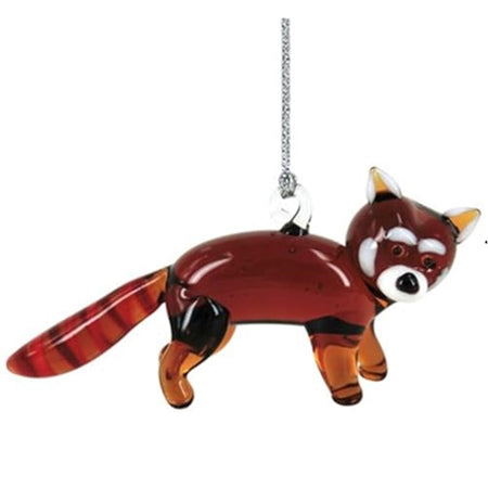 Hanging ornament shaped like a red panda. Brown glass with black and white accents.