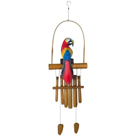 Bamboo chime with 5 tubes and 2 ringers. Perch with a red parrot.