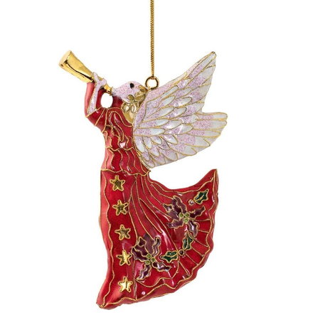 Decorative angel ornament with red dress, gold accents, and white wings on a white background