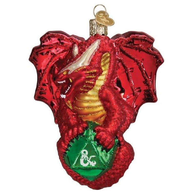 Blown glass dungeons and dragons, red dragon sitting on green dice.