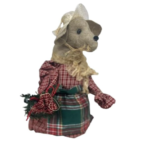 Decorative mouse figure wearing a plaid dress and hat on a white background