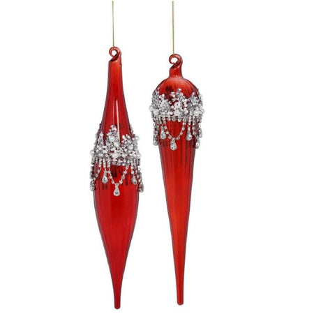 2 blown glass ornaments, red vintage color with elegant silver rhinestone accents.