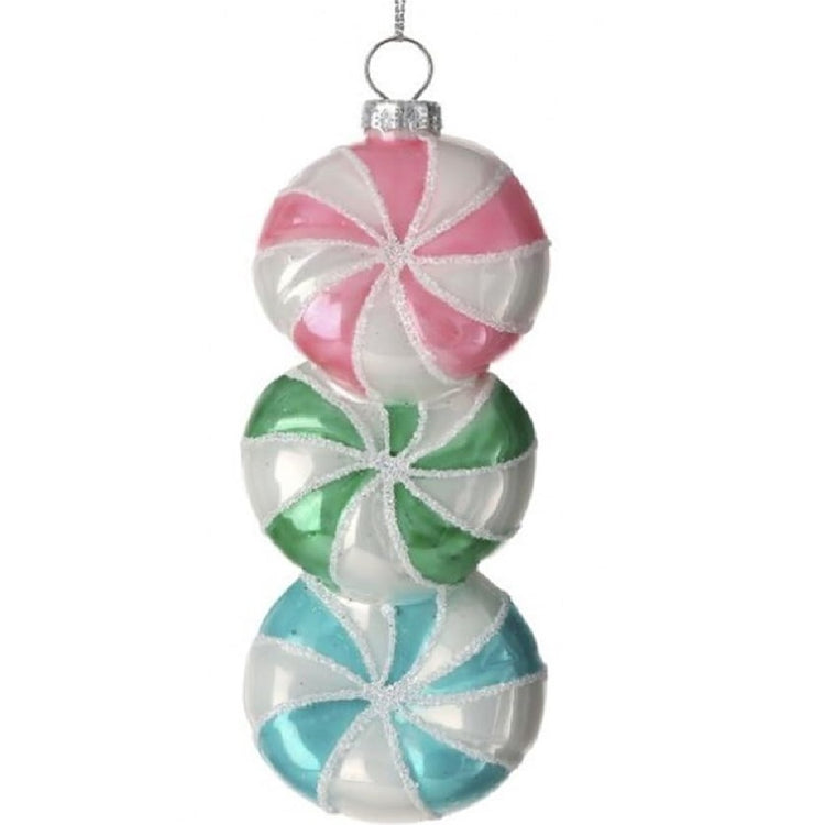 one single ornament consisting of 3 peppermint candies stacked on top of each other in pastel colors of pink, green and blue.