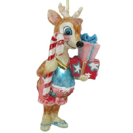 Hanging ornament shaped like a reindeer waring flip flops, holding a candy cane and gifts