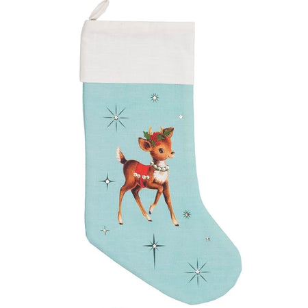 Light blue cotton Christmas stocking with embroidered reindeer and rhinestone accents, 20 inch holiday mantel decor