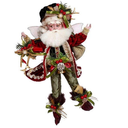 Bearded fairy wearing red coat, green pants, and a hat with gold antlers.