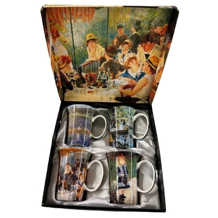 4 renoir coffee cups in a matching gift box.  4 different mugs:  Girl with Watering Can, Boating on the Seine, Luncheon of the Boating Party, La Grenouillere