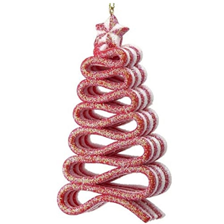 Red and white ribbon candy shaped like a Christmas tree with a star shaped peppermint for a topper.  Christmas ornament